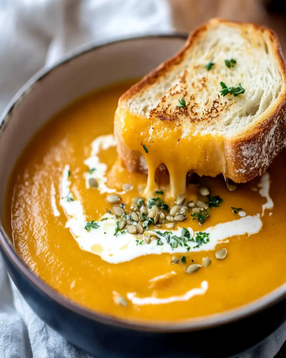 Super quick pumpkin soup with floating cheese toastie First Image First Image