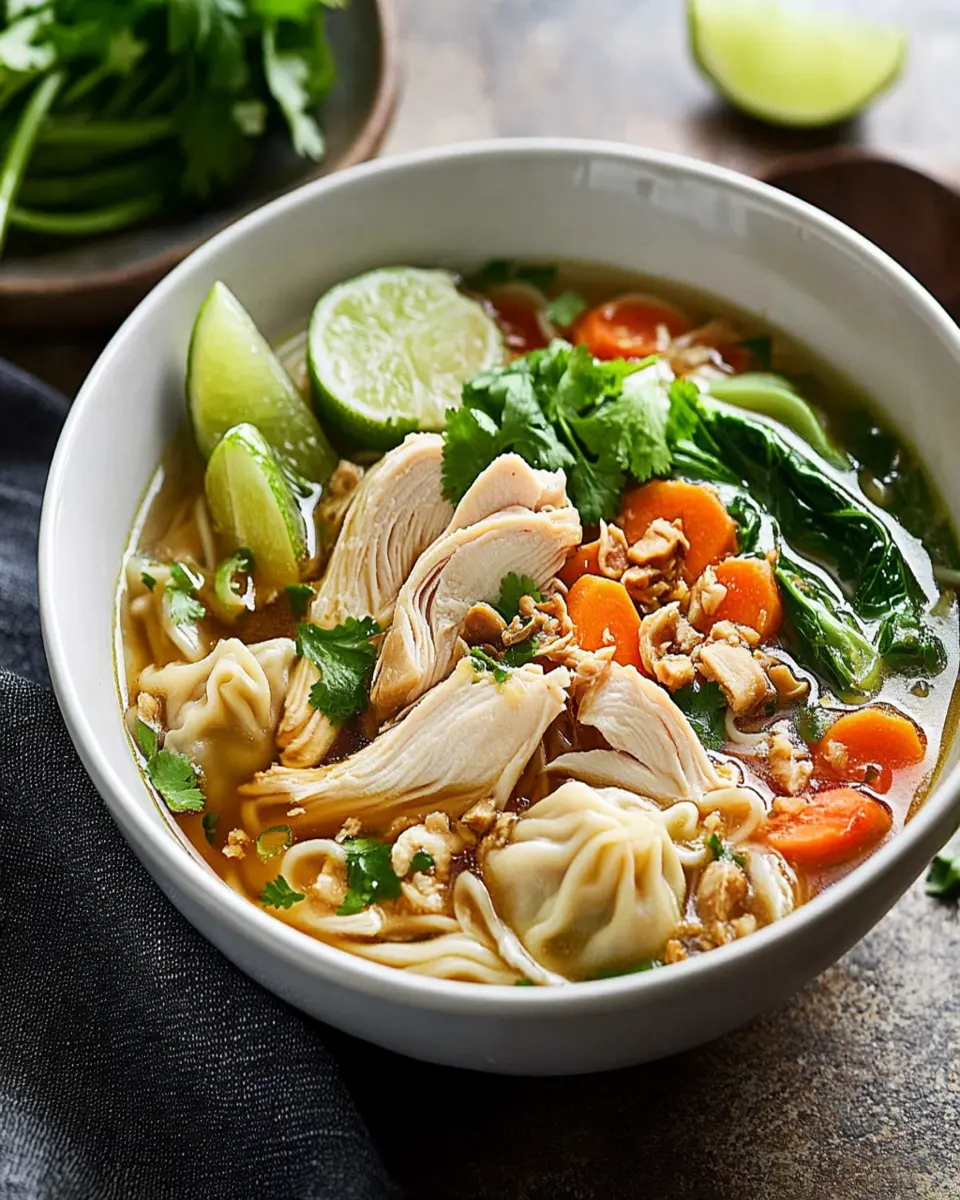 Asian chicken noodle soup with dumplings First Image First Image