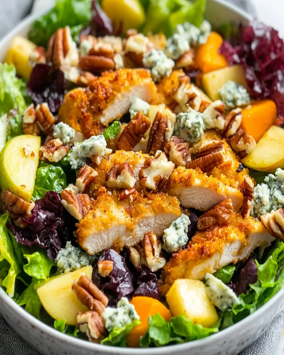 Fall Harvest Salad with Crispy Baked Cornmeal Chicken, Apples, and Gorgonzola First Image First Image