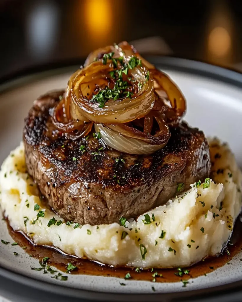 Steak with Caramelized Onions and Herb Mashed Potatoes First Image First Image